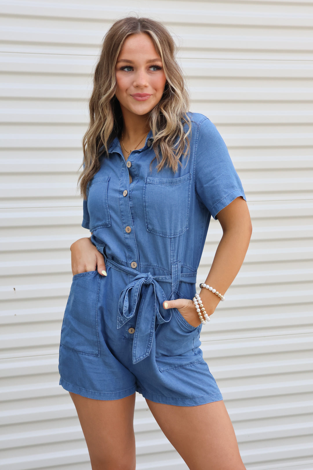 Out and About Romper in Denim - ShopSpoiled