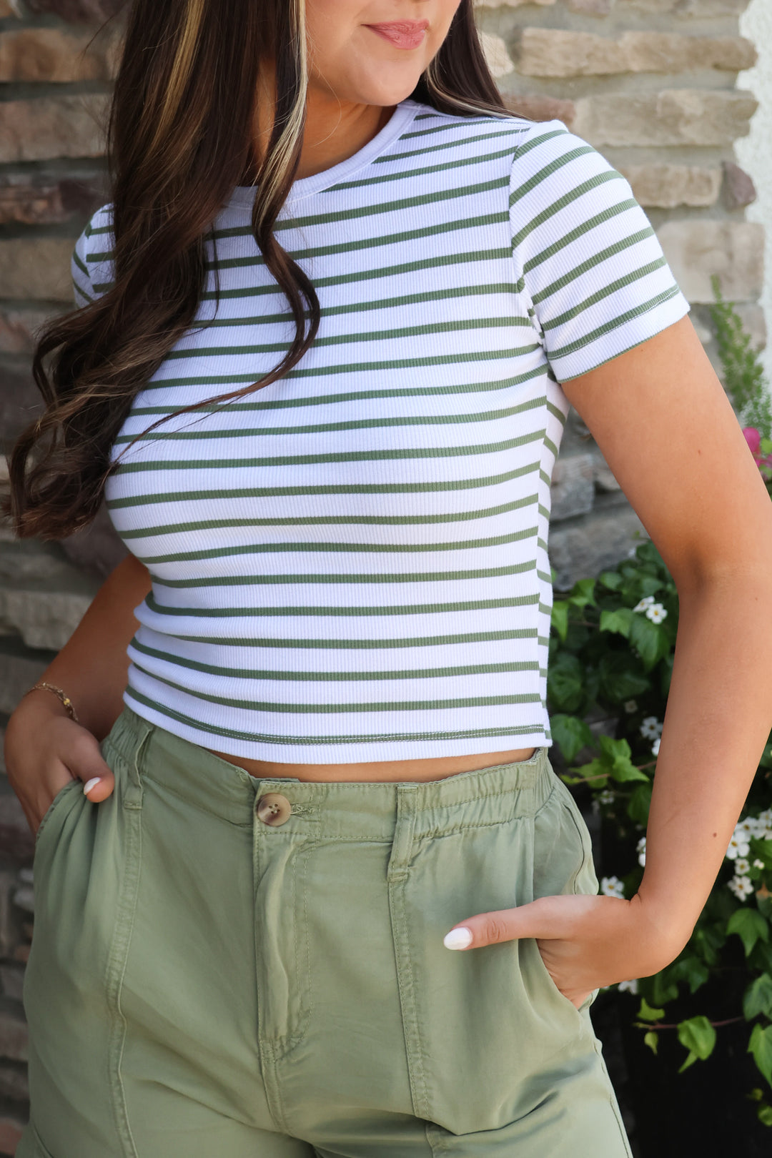 Classic Stripe Cropped Tee in Green - ShopSpoiled