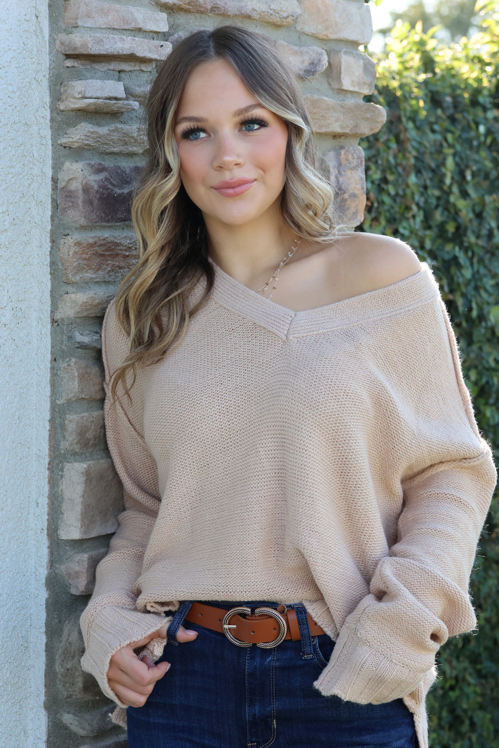 Happy Vibes Sweater In Tan - ShopSpoiled