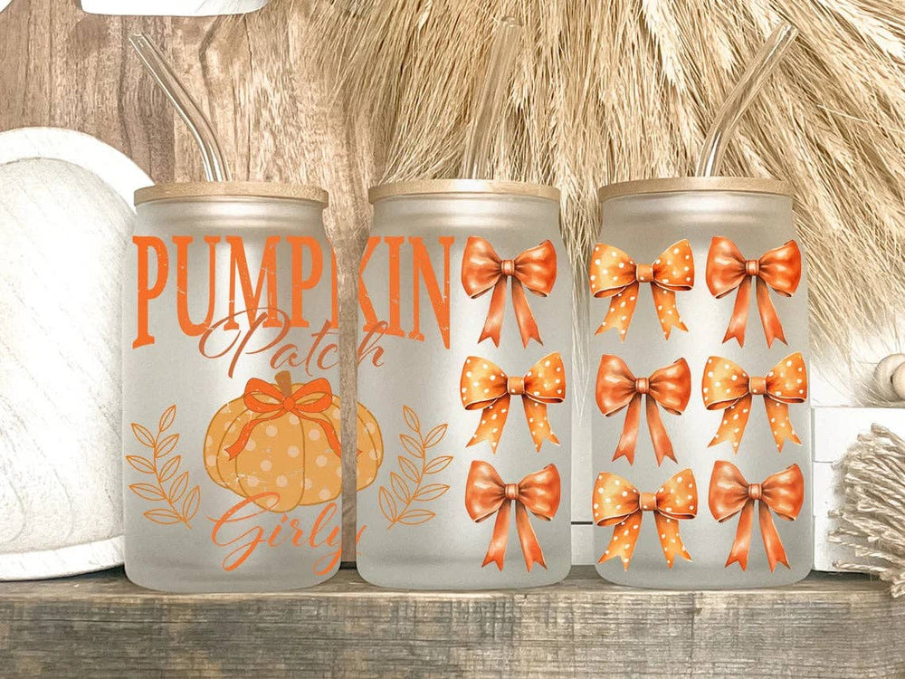 Pumpkin Patch Girly Coquette Bows Fall 16oz Libbey Glass Tumbler - ShopSpoiled