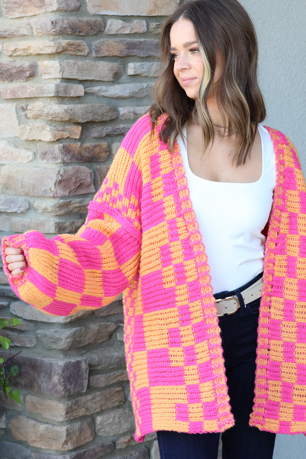 Checked Out Cardigan Pink/Orange - Shop Spoiled Boutique 