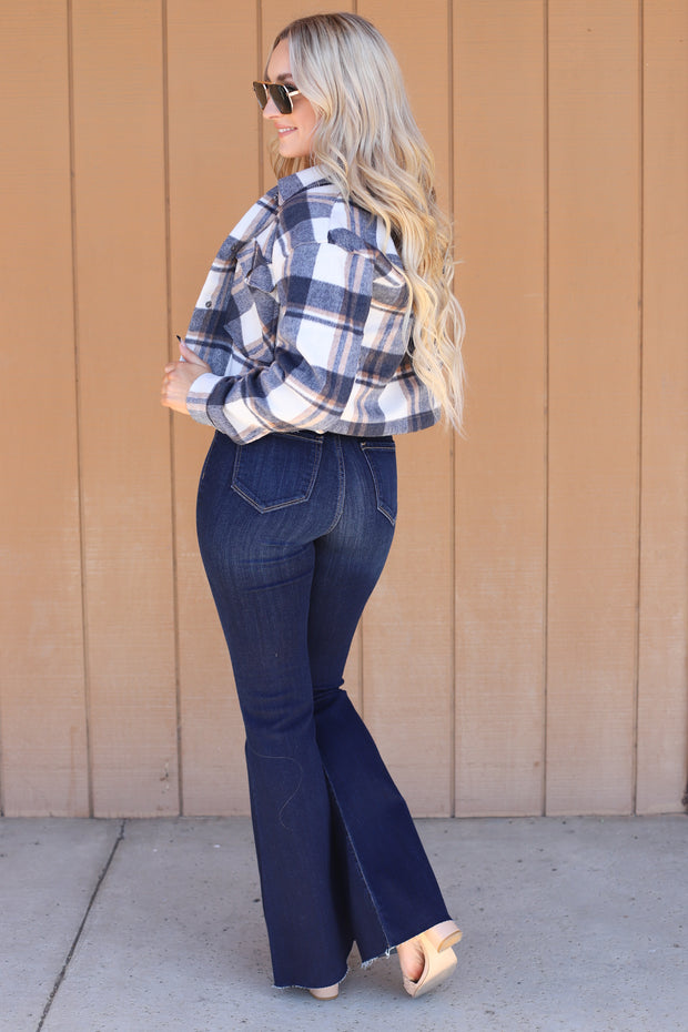 Frankie Flare Jeans: Dark Denim - ShopSpoiled