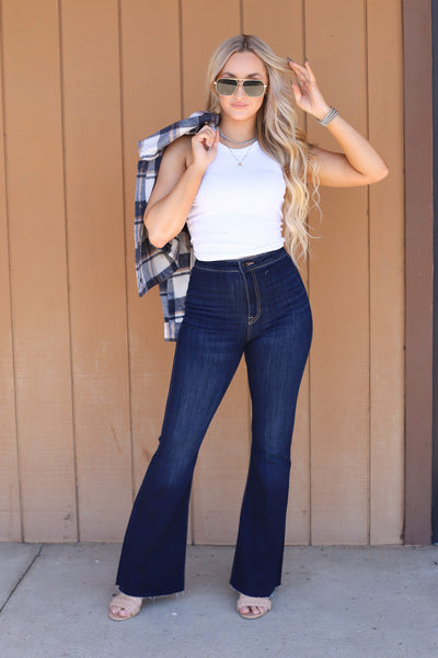 Frankie Flare Jeans: Dark Denim - ShopSpoiled