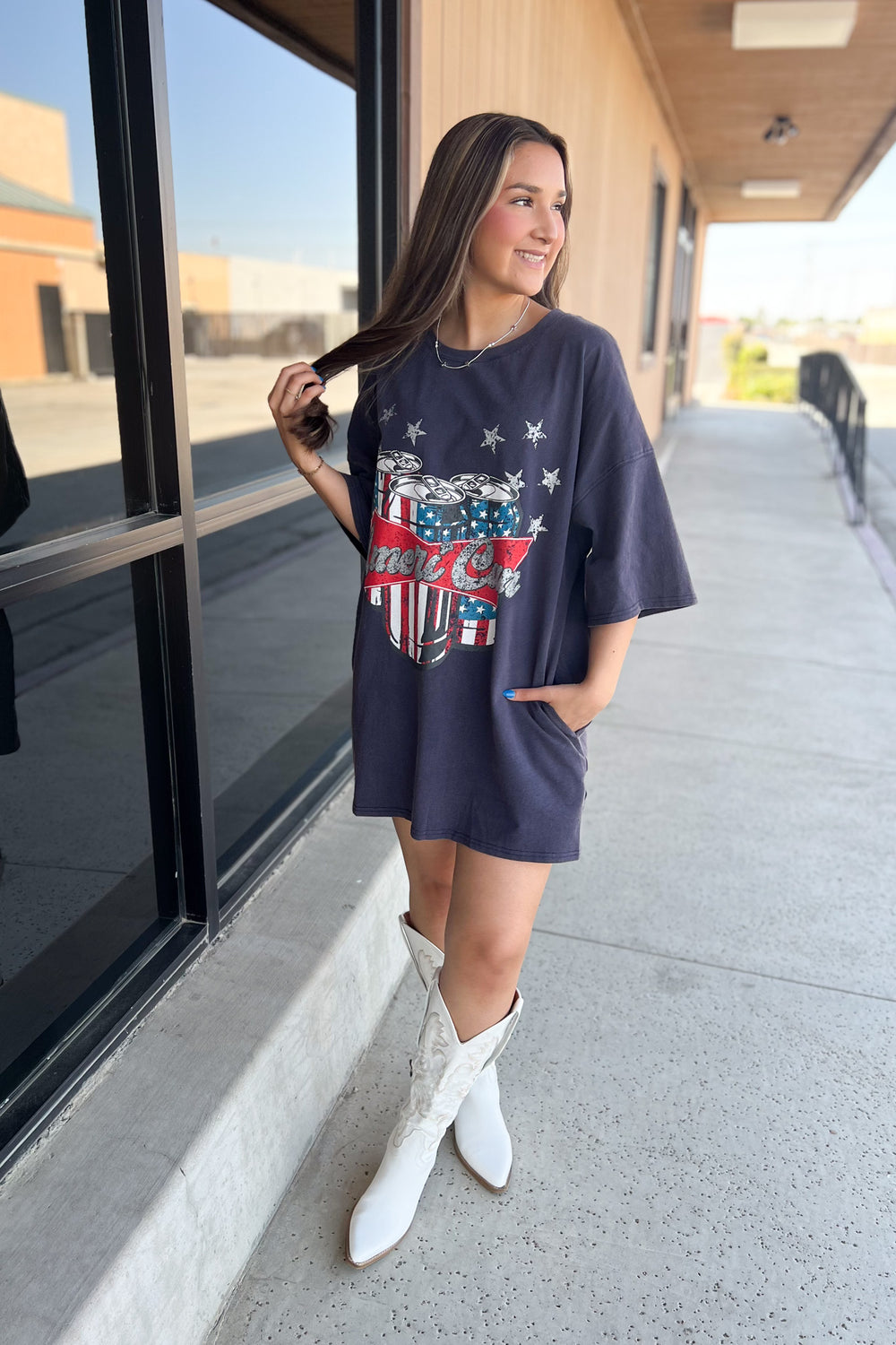 Ameri-Can T-Shirt Dress In Navy - ShopSpoiled