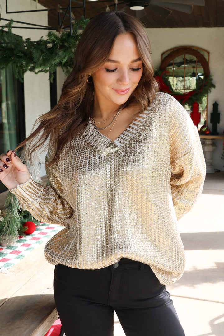 Golden Metallic Sweater - ShopSpoiled