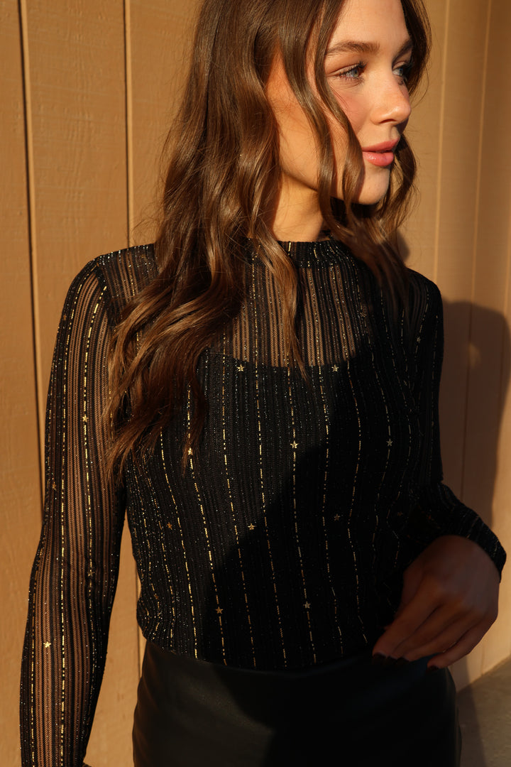 Long Sleeve Embellished Mesh Top - ShopSpoiled