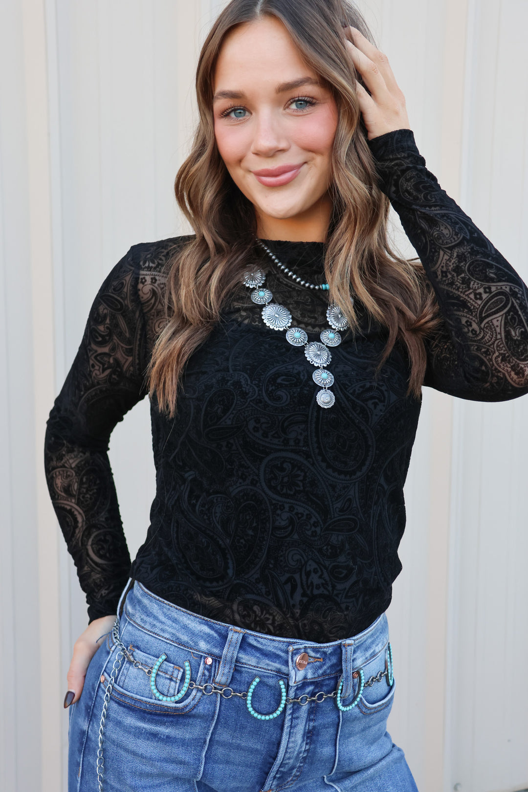 Paisley Velvet Long Sleeve Mesh Top - ShopSpoiled