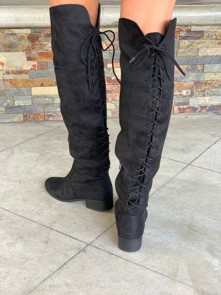 Barbra Lace Up Boots: Black Suede - ShopSpoiled